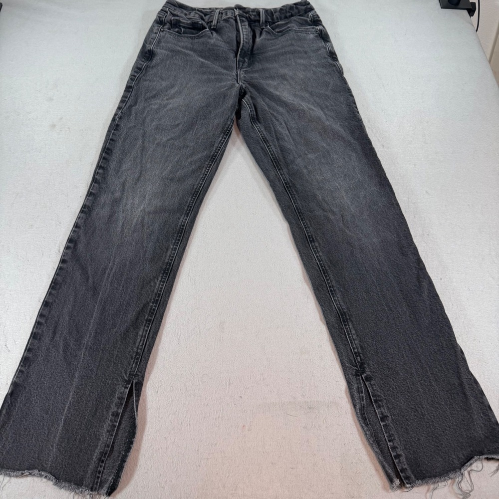 Good American Good Curve Straight Jeans Womens‎ 6 Black Raw Hem Side Slit